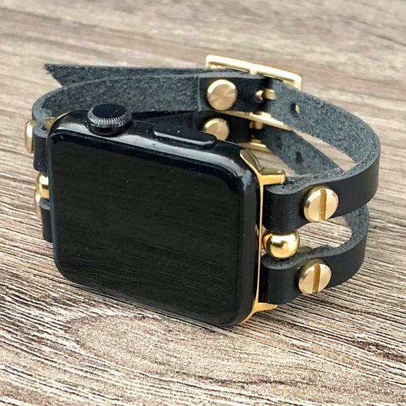 Apple Watch Black Leather Gold Jewelry Bracelet